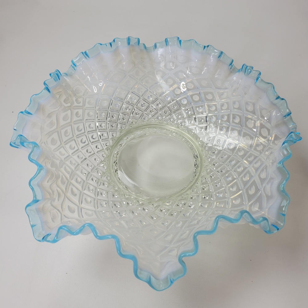 Fenton Blue Aqua Crest Opalescent Hobnail Diamond Quilt Ruffled Bowl 12.25"